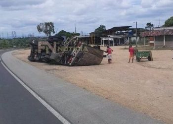 Sapeaçu: Caminhão carregado com frutas tomba as margens da BR-101
